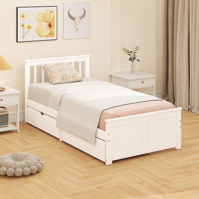 Ліжко одинарне, дерев'яний каркас, ящики на колесах, не потребує ламелей, 90 x 200 см, білий