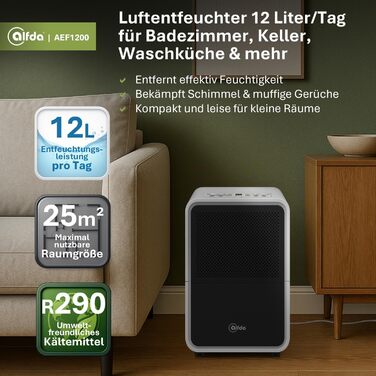 Електричний осушувач повітря AEF2000 - 20 л/день, до 30 м², тихий, з автовимкненням, гігростат, сенсорне дисплеї - для спальні та ванної кімнати