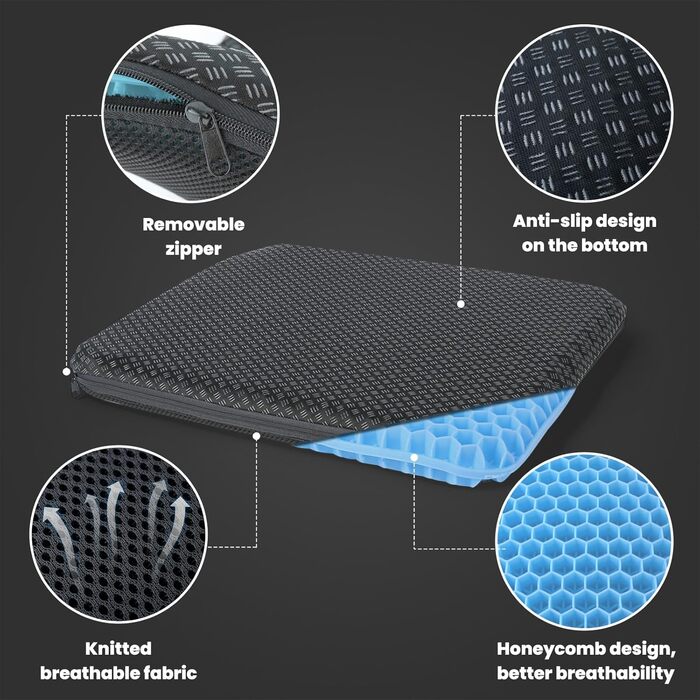 Ортопедична гелева подушка на сидіння для офісного стільця, авто та візка — м'яка, з антиковзаючим чохлом що миється (блакитний, 43x39x4 см)