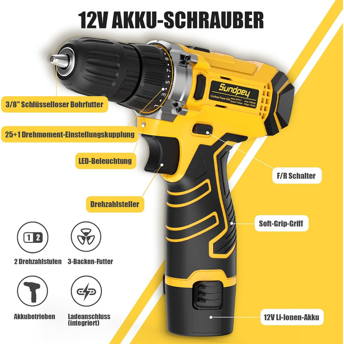 Набір інструментів Sundpey 166 предметів з акумуляторною викруткою 12V для дому, ремонту та саду (жовтий)