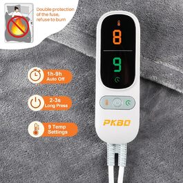 Електрична ковдра з фланелі 190x130 см з автовимкненням, 9 рівнів нагріву, захист від перегріву, пральна, сіра