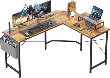 Ігровий стіл CubiCubi L-подібної форми 150x120 см з підставкою для монітора та кишенькою для зберігання, вінтажний коричневий