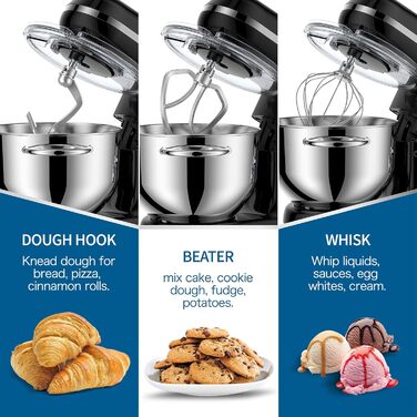 Електричний кухонний міксер Vospeed 1500W з 6 швидкостями та мискою 6.2QT (чорний)