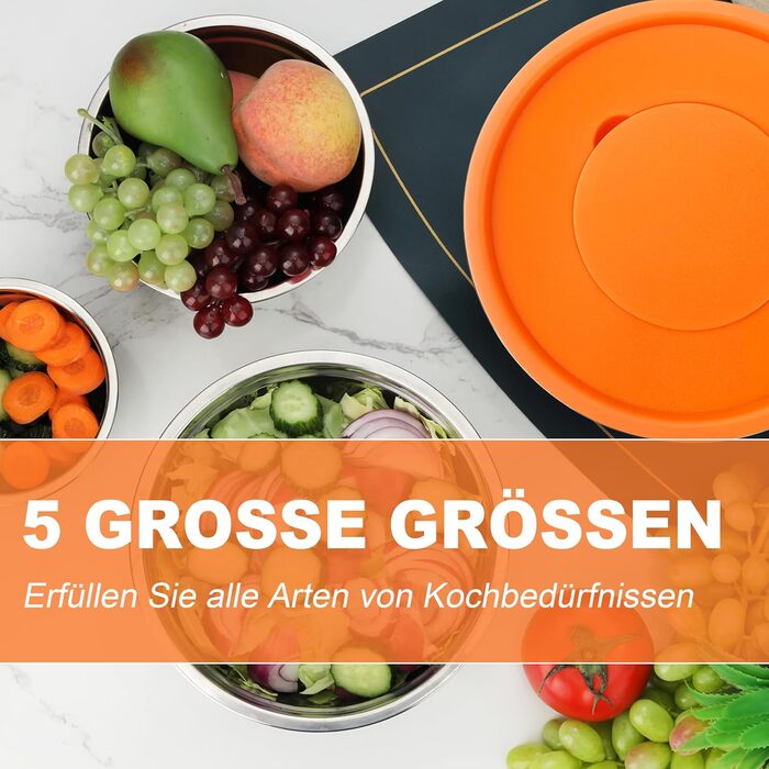 Набір мисок Hunnycook 7 шт. з нержавіючої сталі з кришкою, 5L, 4.5L, 4L, 2.4L, 1.7L, 1.25L, 0.8L, миски для салатів, стійкі до миття в посудомийній машині