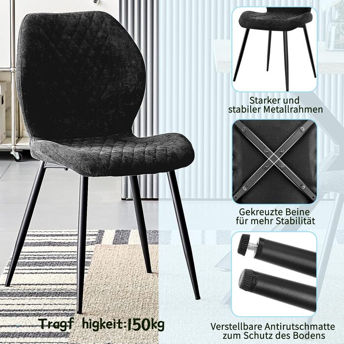 Набір з 4/6 стільців для їдальні, кухні, вітальні, чорного кольору, ергономічні, оббивка з льону