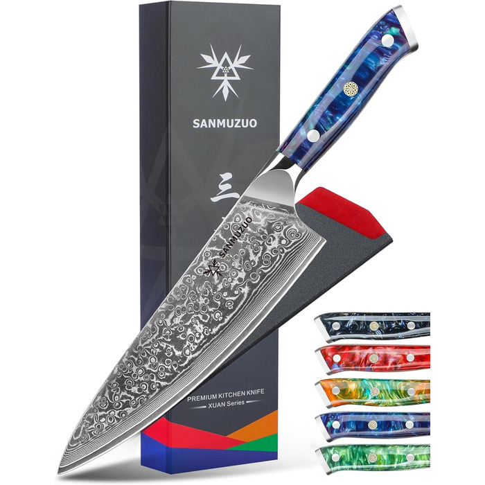 Ніж кухарський 20 см Xuan Серія VG10 Дамаська сталь - ніж для кухні з ручкою з смоли (сапфірово-блакитний)
