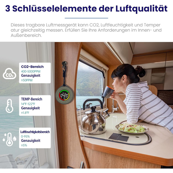 Портативний детектор CO для подорожей: міні-датчик вуглекислого газу з тривалим часом очікування (120 годин), для кемпінгу, дому та вулиці