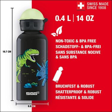 Дитяча пляшка для пиття SIGG Glow (0,4 л), Дитяча пляшка для пиття SIGG Glow з герметичною кришкою, алюмінієва легка пляшка для пиття (Glow Dinosaurs)