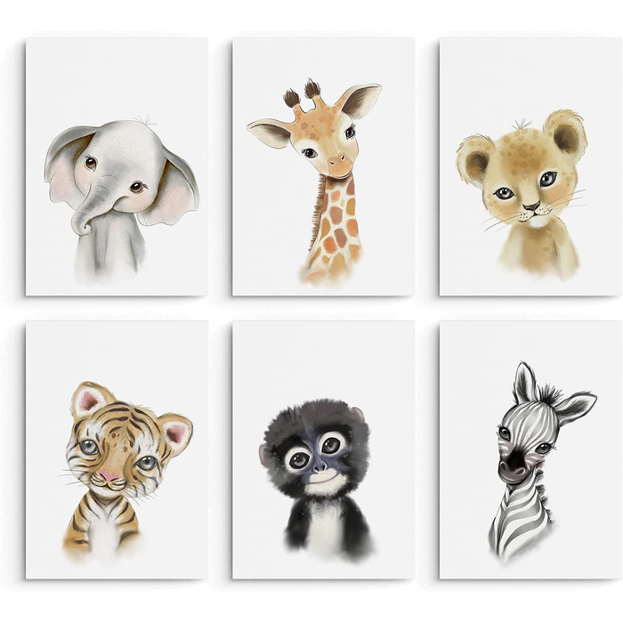 Набір з 6 постерів на стіну для дитячої кімнати Hambient: Африканські тварини, 30x40 см (без рамки)