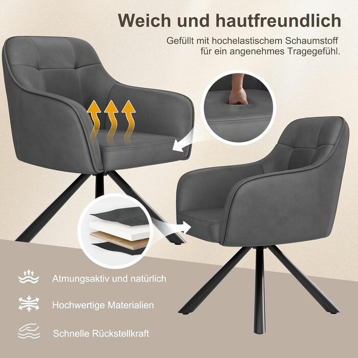 YOUDENOVA Комплект з 2-х обідніх стільців, 360° обертання з підлокітниками, оксамитовий м'який стілець для обідньої кімнати, кухні, вітальні та офісу, стільці для обідньої кімнати темно-сірий, комплект 2 шт.