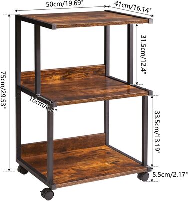 Стійка для принтера IBUYKE з полицею, 3-рівнева, на колесах, коричнева. Організатор для дому та офісу, візок для принтера, теплового пресу, мікрохвильової печі та міні-холодильника. Модель TPS001H