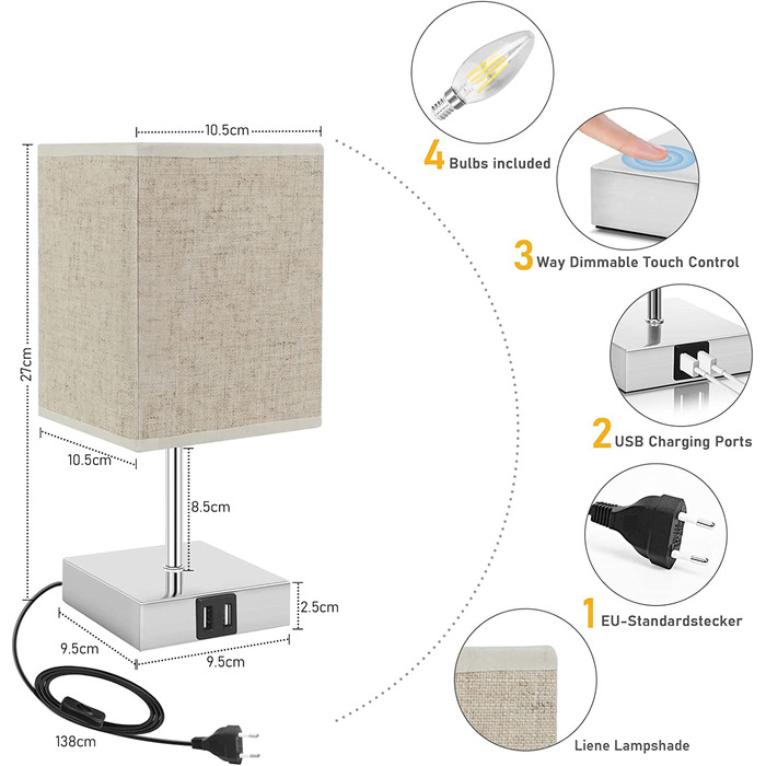 Приліжковий світильник Touch Dimmable Набір з 2 шт. з USB, 3 рівня яскравості, E14, в т.ч. 4 лампочки, бежевий