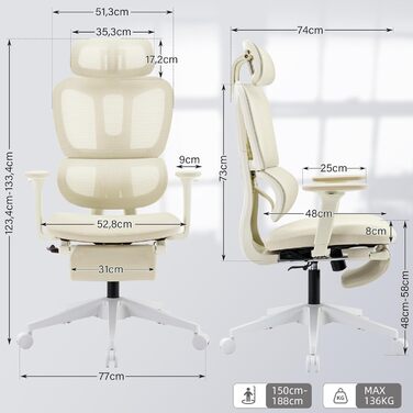 Ергономічне крісло для офісу з підніжкою, висока спинка, 2D-підголівник, відкидні підлокітники, сидіння з губки, сітчастий офісний крісло, крісло для начальника, комп'ютерне крісло для дорослих (кремовий)