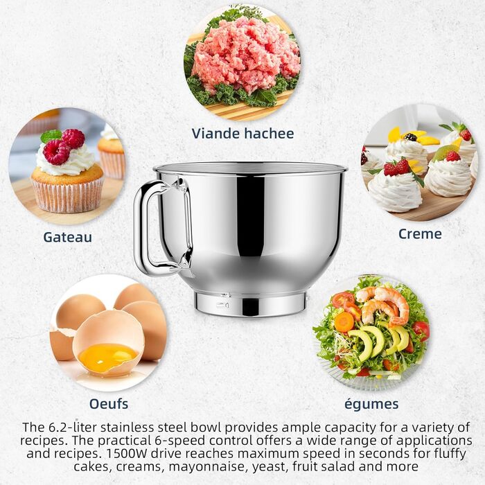 Кухонна машина Cheflee 2000W з чашею 6.2L з нержавіючої сталі, 6 швидкостей, низький шум, міксер, гак для тіста, захист від бризок, чорна