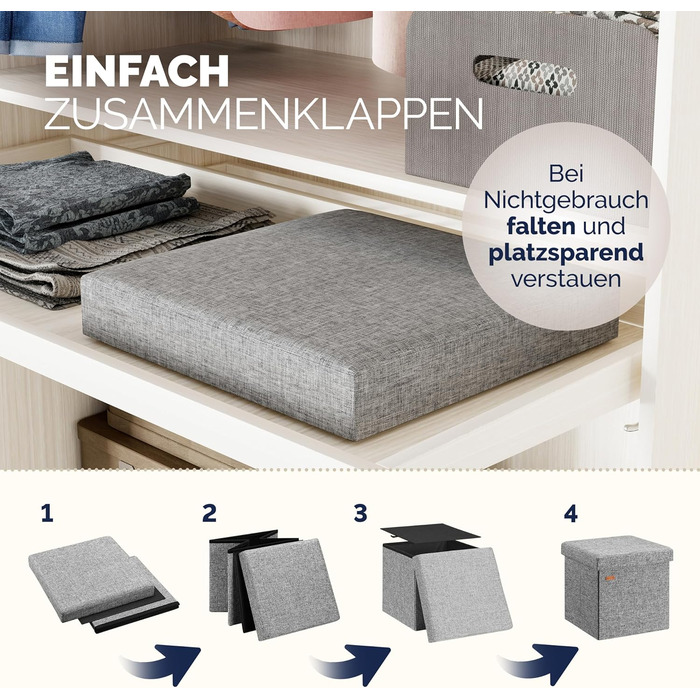 Пуф Casaria® з місцем для зберігання, білий, складний, з м'яким сидінням, 38x38 см. Підходить для спальні, вітальні, передпокою.