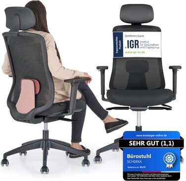 Офісний стілець SCHEKKA® Ергономічний - Індивідуально регульований, з підтримкою попереку, 3D підлокітники та дихаюча сітка - Макс. 150 кг (Без підголовника, Чорний/Червоний)