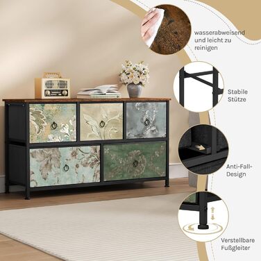 Комод WOLTU з 5 висувними ящиками з тканини, шафа-комод, тумбочка під ТБ, для вітальні, спальні, коридору, з металевим каркасом, ДСП, білий, SSK005ws. Білий (Рустикальний коричневий + чорний + вінтажний квітковий принт, 5 тканинних ящиків)