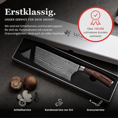 Японський ніж Wakoli EDIB Kiritsuke з дамаської сталі (серцевина VG10), 20 см – професійний кухонний ніж для точних нарізок, з ручкою з паккавуду, у подарунковій коробці (без гравію)