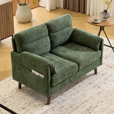 Диван Bonnlo 2-місний, компактний, 125 см, тканинний диван з м'якими підлокітниками, для офісу, вітальні, спальні, кабінету, легка збірка, льон, зелений