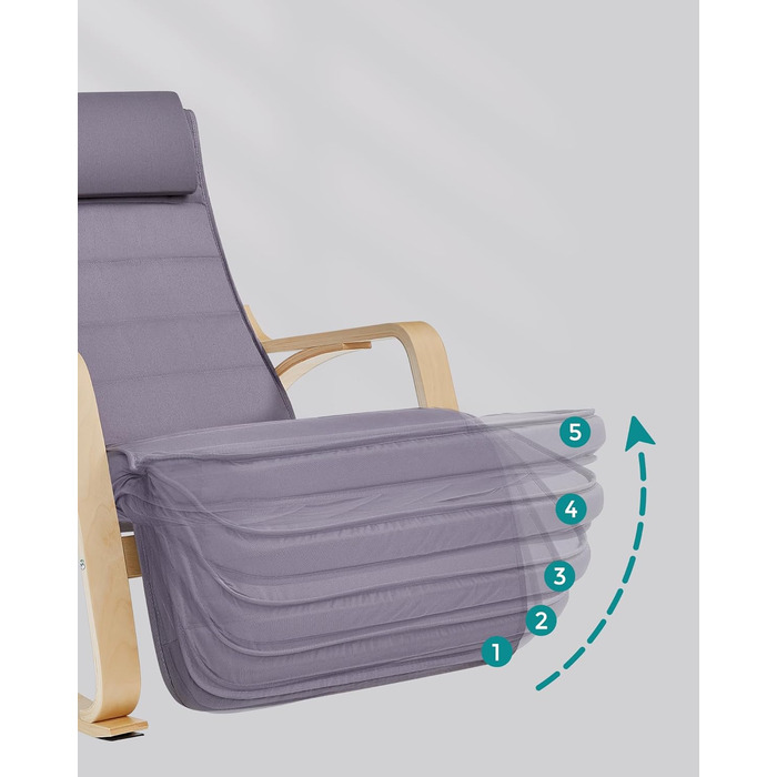 Крісло-гойдалка SONGMICS з підлокітниками з натурального дерева, регульована підставка для ніг, до 150 кг, для спальні/вітальні, темно-натуральний колір (сірий + натуральний, бавовна/поліестер)