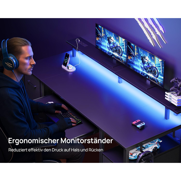 Комп'ютерний стіл Rolanstar з ящиками, 120x47 см, ігровий стіл з розеткою, LED-підсвітка та підставка для монітора, стіл для дому, офісу, вітальні, білий (чорний)