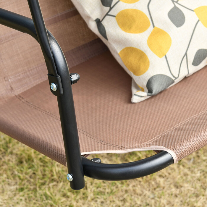 Двомісне гойдалка в стилі Голлівуд для саду та вулиці, стійка до УФ-випромінювання, виготовлена з високоякісного металевого каркасу, з регульованим кутом нахилу, коричневого кольору.