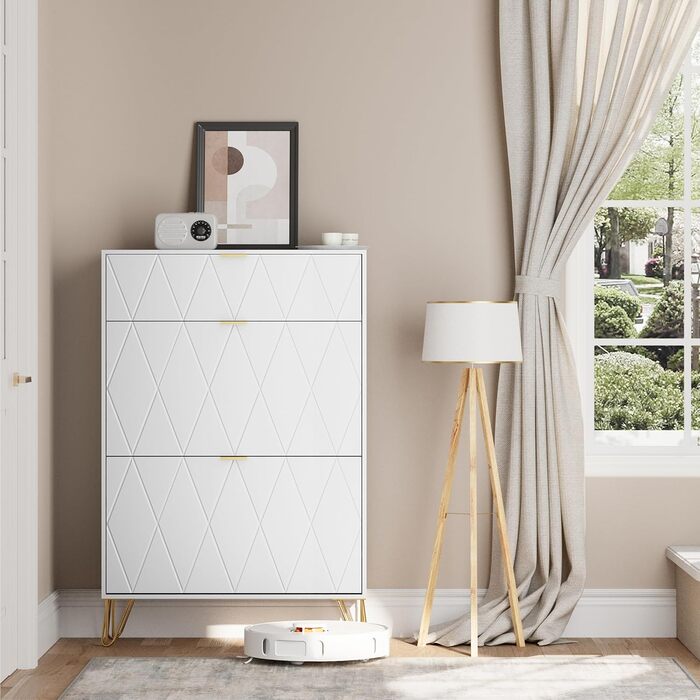 Взуттєва шафа UEV з 2 відкидними дверцятами, 80 x 24 x 120 см, на 16 пар взуття, з 1 висувною шухлядою, біла, вузька, для передпокою, економія місця