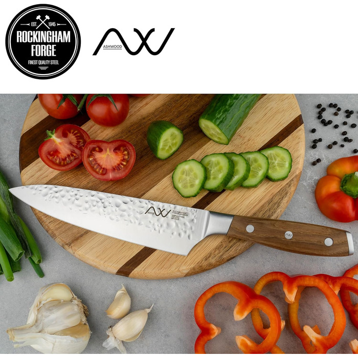 Набір кухонних ножів Rockingham Forge Ashwood 8 предметів з дерев'яною ручкою та точилка – Професійний набір ножів з високоякісної нержавіючої сталі