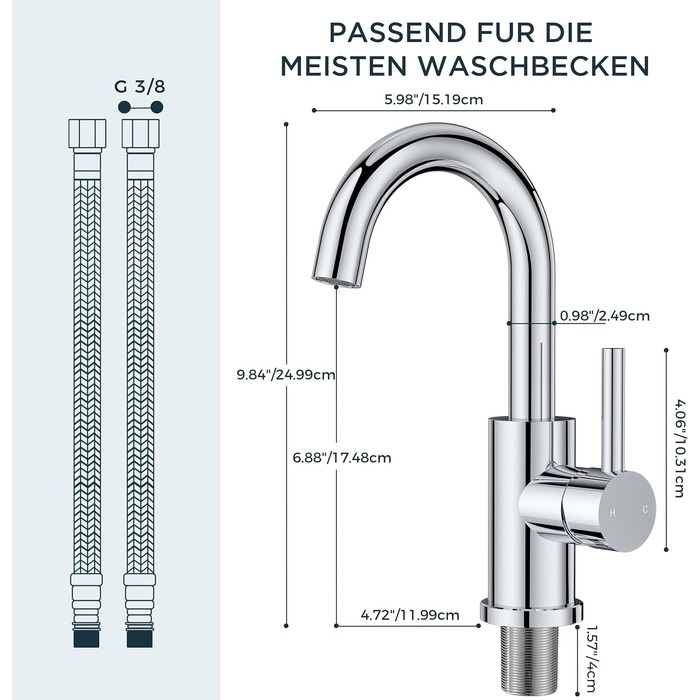 Змішувач для ванної кімнати/кухні FORIOUS Hoch 360° з нержавіючої сталі, з підйомом 175 мм, з підключенням до гарячої та холодної води, полірований хром