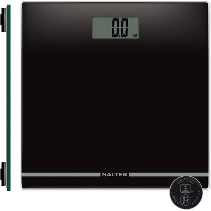 Цифрові ваги для ванної кімнати Salter 9205 BK3R - ваги ваги для ваги тіла з 180 кг/400 фунтів, ваги для ванної кімнати з тонкою скляною платформою, РК-дисплей, що легко читається, ступінчаста активація, чорний, важить кг/ст/фунт Чорний один розмір