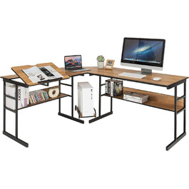 Подібний стіл COSTWAY, дерев'яний кутовий стіл з відкидною стільницею, нижньою книжковою шафою та підставкою для процесора, креслярський стіл Комп'ютерний стіл для домашнього офісу, 170 x 150 x 75 см (горіх)