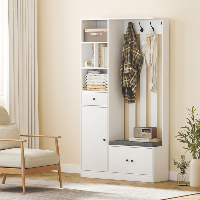 Шафа для одягу 180 см з вішалкою, полицею для взуття, 4 гачками, відкритими полицями, МДФ, білий