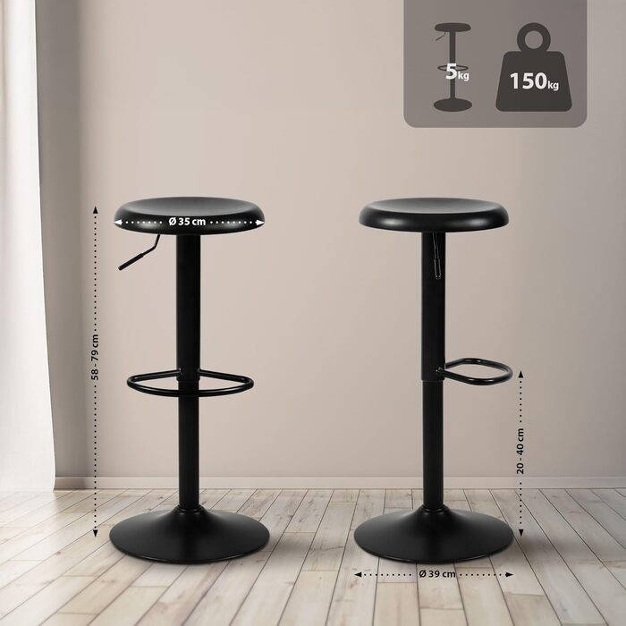 Набір з 2 барних стільців CLP Williston, регульована висота, з підніжкою, обертаються, з захистом для підлоги, чорний колір