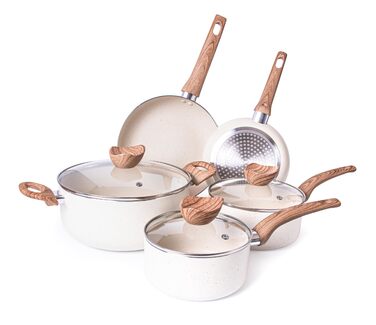 Набір каструль та сковорідок з антипригарним покриттям Nuovva - 8 предметів, кремовий граніт, для індукційних плит