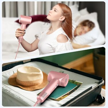 Професійний фен для волосся з дифузором та плазмою (400 млн іонів), безщітковий мотор 110 000 об/хв, низький рівень шуму 57дБ, Rose Gold