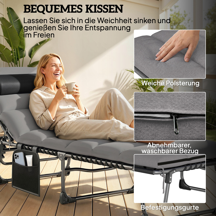 Зручний складаний шезлонг для саду з регульованою спинкою (5 положень), м'яким матрацом та підголівником.