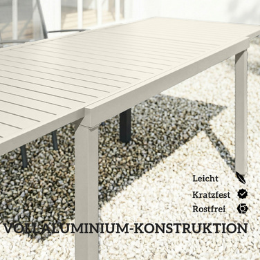 Розкладний обідній стіл з алюмінію 150/225 x 85 см для 6-8 осіб, прямокутної форми, з ламельною текстурою