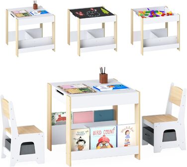 Дитячий стіл LIFEZEAL 3 в 1 з 2 стільцями: стіл для малювання, активностей та їжі. Дитяча меблева група з дерева з місцем для зберігання (колір дерева)