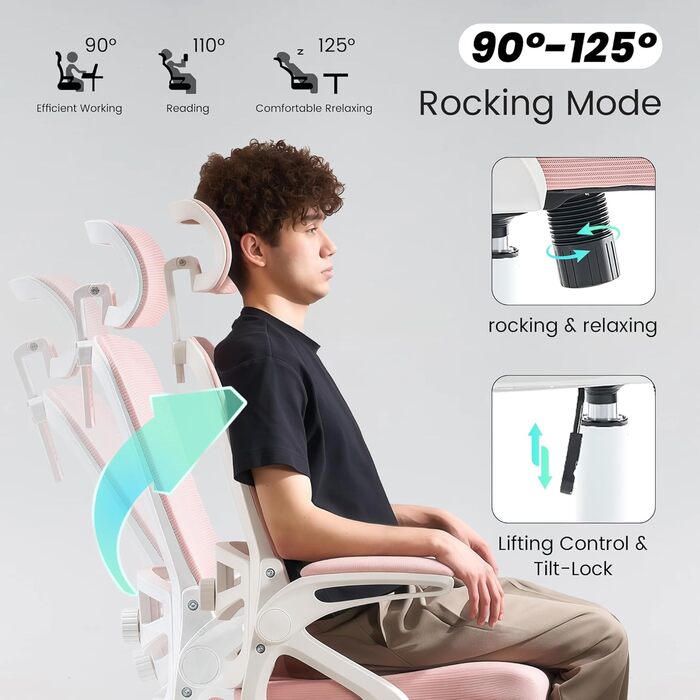 Ергономічне крісло для офісу Fizzin, комп'ютерне крісло з регульованою поперековою підтримкою, дихаюча сітчаста спинка, посилене сидіння, зручне крісло для дому та офісу (рожеве)