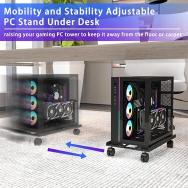 Стійка для ПК з металу, підставка для комп'ютера, регульована підставка для CPU, універсальна мобільна стійка з колесами для під столом