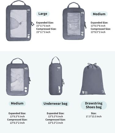 Набір компресійних органайзерів для одягу в подорож ECOHUB, 5 предметів, темно-сірий