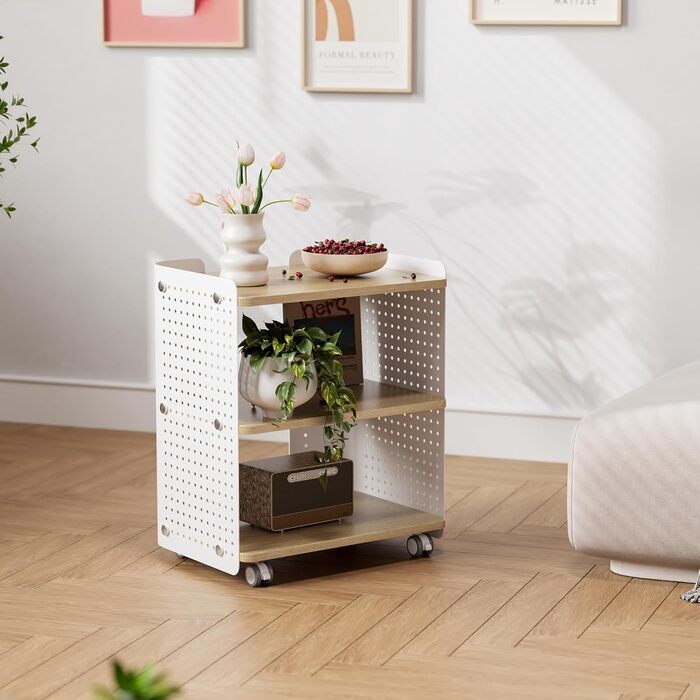 Стіл для принтера Fenge з колесами, мобільний тримач для принтера з перфорацією, 3 рівні, стійка для принтера/роликовий контейнер з органайзером, полиця, шафа для документів, для офісу та дому, 45,3x33,5x53,5 см (Дуб+Білий)