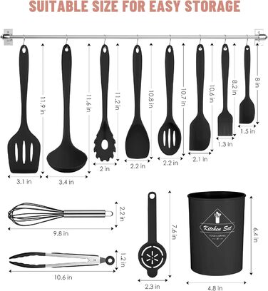 Набір кухонних аксесуарів Pranski, 12 предметів, силікон, BPA-free, для миття в посудомийній машині, антипригарне покриття, чорний, великий, кухонний набір