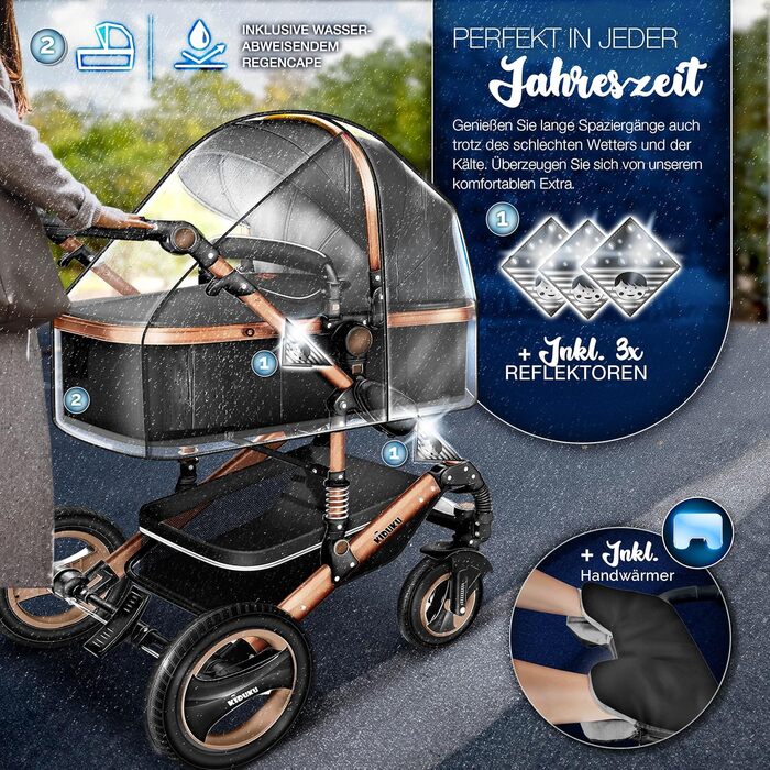 Дитяча коляска KIDUKU® 3 в 1 XXL Комплект | Комбінована коляска з люлькою, прогулянковим блоком та автокріслом | З підножкою, рюкзаком, грічкою, дощовиком та столиком | Надувні колеса, чорний / мідно-золотий, ECE R129