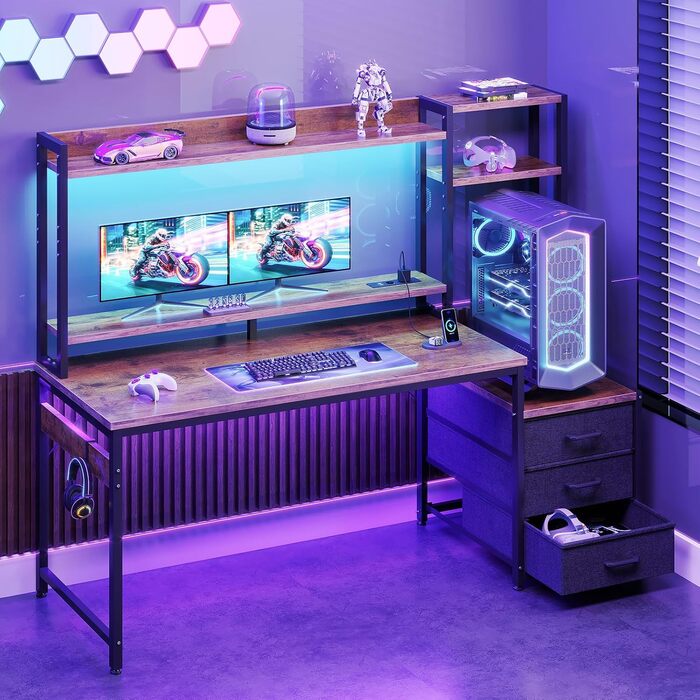 Ігровий стіл Coleshome з полицями та ящиками, 137x48 см. Стіл для геймінгу з LED-підсвічуванням та розеткою, комп'ютерний стіл з місцями для зберігання та підставкою для монітора (Коричневий)