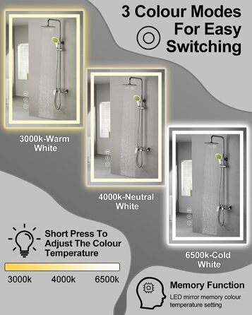 Дзеркало для ванної кімнати Habison з підсвічуванням LED, 50x70 см, сенсорне керування, димування, 3 колірні температури, функція пам'яті, проти запотівання, Bluetooth, матова центральна частина