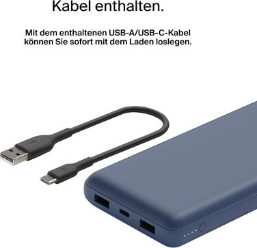 Повербанк Belkin 20K, 20 000 мАг, USB-C/USB-A, включаючи кабель, для iPhone, Galaxy, Pixel - синій