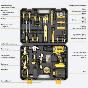 Набір інструментів Sundpey 170 предметів з акумуляторним дрилем-шуруповертом 21V, 2.0Ah, жовтий кейс для дому та ремонту