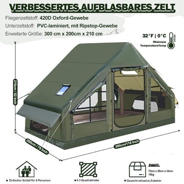 Надувний кемпінговий намет Oxford 420D для глемпінгу 4-5 осіб з насосом, водонепроникний (3000 мм), 4 сезони, з вікнами-москітними сітками, під камін, 300x210x200 см
