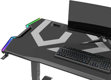 Ігровий стіл ULTRADESK Force , регульований по висоті, подушка XXL, 2 кабельні розетки, поличка для подовжувачів, світлодіодне RGB-підсвічування, сталева рама, сірий, 166x70 см